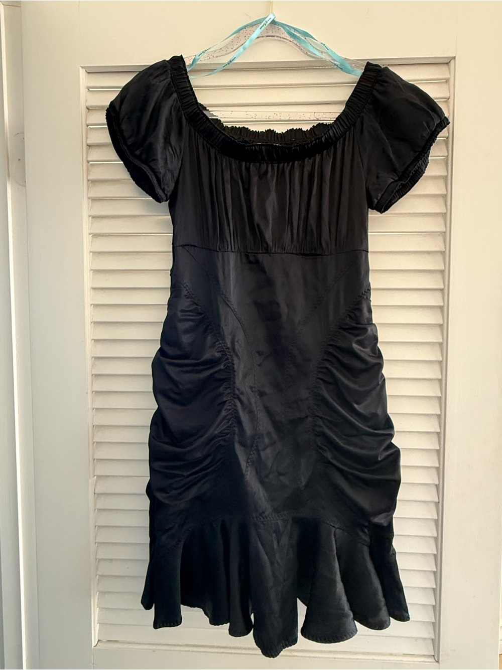 Vintage Marciano Silk Black Ruched Short-Sleeve Mini Dress